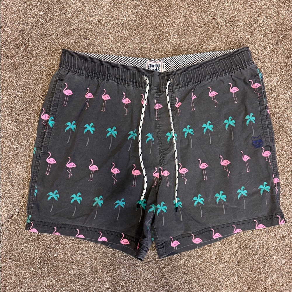 Dark Gray Men's Hybrid Shorts with Pink Flamingo & Teal Palm Print